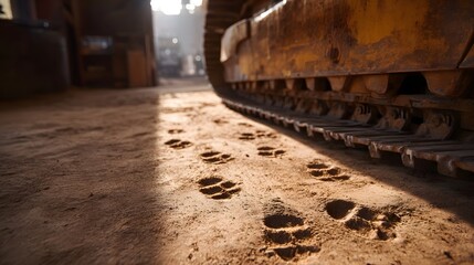 Animal paw prints are visible on the dusty ground next to a heavy industrial vehicle s track illuminated by shafts of sunlight in a workshop