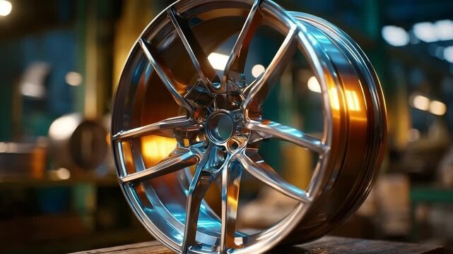 Shiny alloy wheel on wooden block in industrial setting