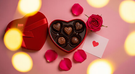 Red velvet heart box with assorted chocolates and a red rose with heart card on pink background.