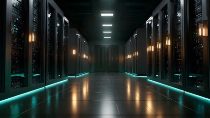 Modern data center with rows of server racks and glowing blue lights - Powered by Adobe