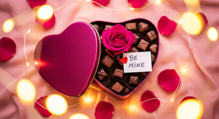 Heart shaped box of chocolates with red rose and Be Mine note on pink fabric with fairy lights.