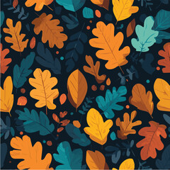 Autumn leaves seamless pattern, scattered oak and fall leaves in warm orange
