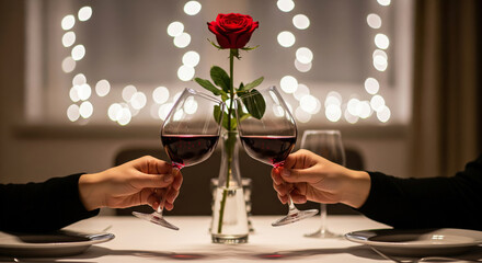 Close up of two people toasting with red wine glasses and a single red rose on a white table. Romantic dinner date with bokeh lights.