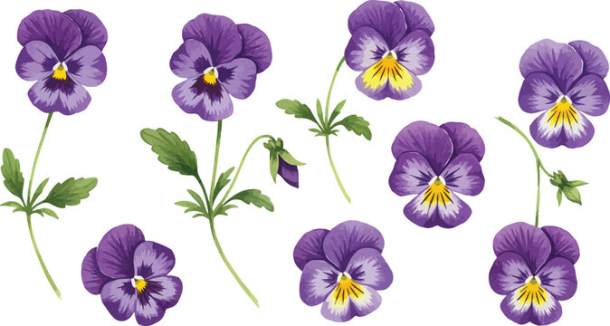 Purple pansy flowers with yellow centers on white background