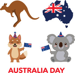Australia Day celebration with kangaroo, koala, dingo and Australian map flag design vector illustration set © Ghulam