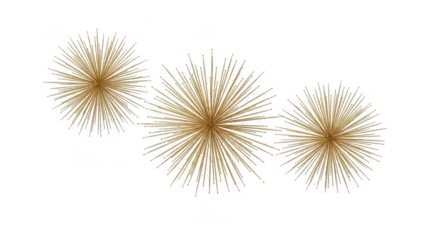 Three golden burst decorations with radiating spikes, isolated on transparent background
