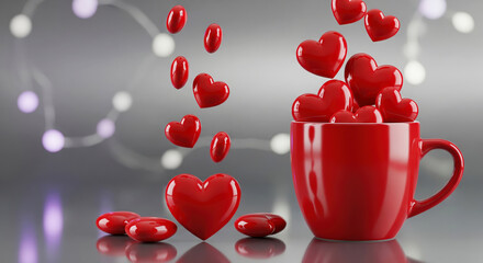 Red glossy hearts falling into a ceramic mug on a reflective surface with bokeh background. Concept of love, passion, and Valentine's Day.