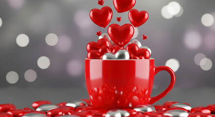 Red and silver metallic hearts overflowing from red ceramic mug with bokeh background. Concept of love, abundance, and Valentine's Day.