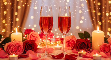 Two champagne glasses with red roses and candles for romantic date. Elegant celebration setup with bokeh lights and flower petals.