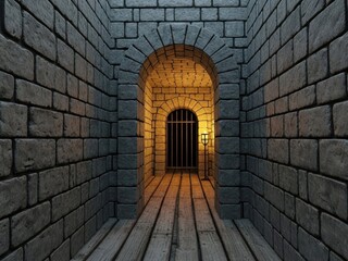 A dimly lit stone corridor with an arched doorway leading to a barred gate