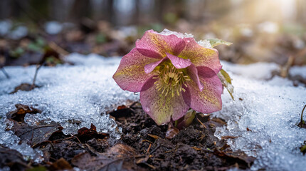 Pink Lenten Rose flower blooming through snow in early spring. Hellebore plant symbolizing hope and resurrection during the Christian season of Lent. Nature awakening from winter.