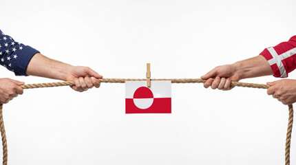 Tug of War Concept Between USA and Denmark Over Greenland Flag on a Rope