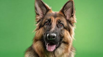 Healthy German Shepherd dog with an alert expression on a vibrant green background
