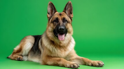 Healthy German Shepherd with an alert expression resting on vibrant green background