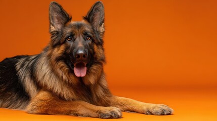 Healthy German Shepherd dog lying on vibrant orange backdrop with a friendly expression