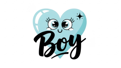 Cute cartoon heart with face and boy text isolated on transparent background