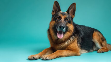 Healthy German Shepherd lying comfortably against vibrant turquoise backdrop in studio setting