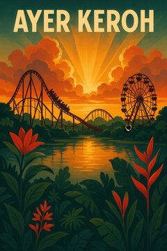 Retro style poster illustration of Ayer Keroh showing roller coaster, ferris wheel, lake, and lush tropical plants in vibrant sunset tones and dramatic lighting