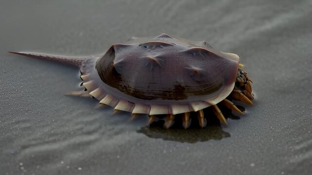 Horseshoe crab resting on the wet sand as shallow tide water flows past its edges