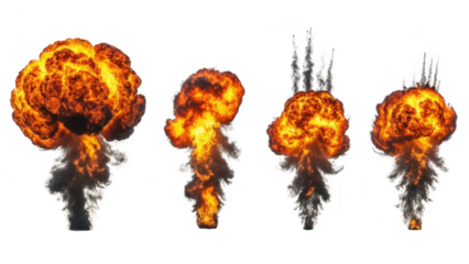 Nuclear explosion sequence with mushroom clouds on white isolated on transparent background