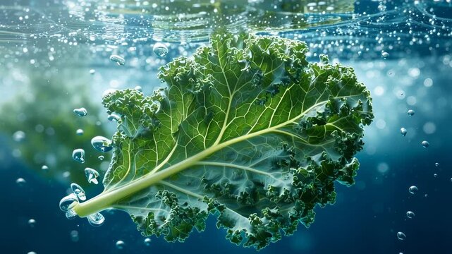 Kale leaf floating in water with bubbles rising creating a vibrant underwater scene