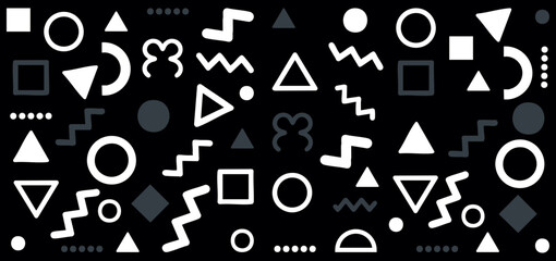 Seamless Black and White Memphis Geometric Icon Pattern Background