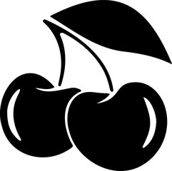 Minimalist Black Silhouette Vector Icon of Two Cherries with a Leaf - Simple Fruit Graphic for Healthy Food, Summer Produce, and Natural Ingredients Concept