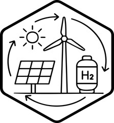 Renewable Energy Ecosystem Icon in Hexagon Frame with Solar Panels, Wind Turbine, and Hydrogen H2 Storage Tank - Green Technology and Sustainable Power Concept