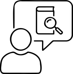Minimalist Line Art Vector Icon of a Person with a Speech Bubble Containing a Book and Magnifying Glass - Concept for Research, Education, and Information Search
