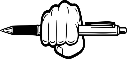 Minimalist Vector Illustration of a Clenched Fist Holding a Pen - Symbol of Freedom of Press, Creative Power, and Writing Resistance