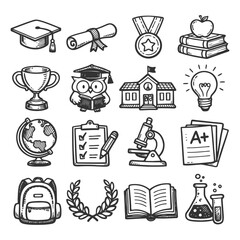 Education icons: graduation, knowledge, achievement symbols in black and white.