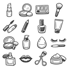 Hand-drawn makeup tools collection with lipstick, brushes, and mascara.