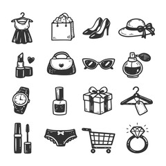 Fashion and beauty icons set featuring accessories and cosmetics.