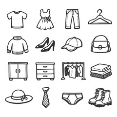 Clothing and accessories icons: dress, shoes, hat, bag, wardrobe, and more.