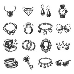 Collection of hand-drawn jewelry icons featuring rings, necklaces, bracelets, and accessories.