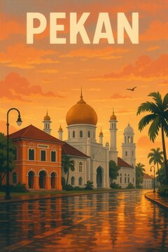 Golden sunset reflects off a rain-soaked street in Pekan with a grand mosque featuring a golden dome and palm trees lining the avenue under glowing skies