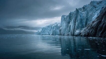 Glacier and Sea Under Cloudy Sky