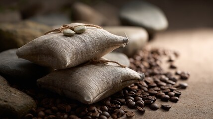 Coffee beans and burlap sacks in warm lighting for natural rustic product presentation and aroma concept