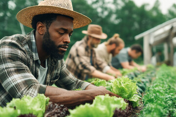 Farm workers harvest fresh vegetables in the field during a sunny day Generative AI