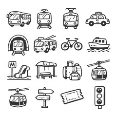 Hand-drawn transportation icons: vehicles, bikes, boats, public transit elements.