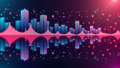 abstract music visualization with colorful sound waves and geometric shapes against a dark background representing digital audio concepts