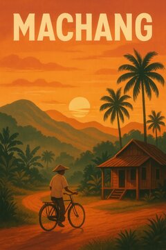 Machang retro poster featuring a rural Malaysian landscape with a man on a bicycle near a traditional house, surrounded by lush vegetation and mountain backdrop at dusk