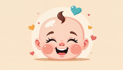 happy baby face smiling surrounded by colorful hearts in a playful design, concept joy and affection