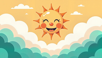 smiling sun character shining between fluffy clouds in a cheerful sky illustration, perfect for children's media or summer themes
