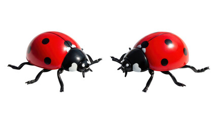 Two ladybugs with red shells and black spots isolated on transparent background