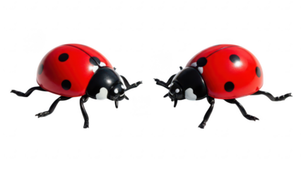 Two ladybugs with red shells and black spots isolated on transparent background