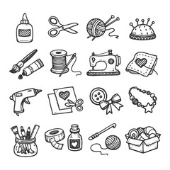 Hand-drawn craft supplies collection including sewing kit, glue, yarn, and paintbrushes.
