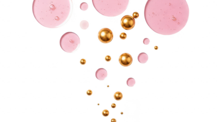 Pink and gold balloons floating in the air on a transparent background