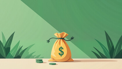 money bag with arms and a dollar sign smiling amidst green foliage, representing financial success and wealth management, concept finance
