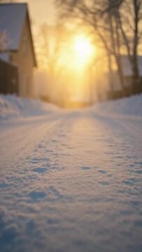 Snowy rural road with peaceful warm mood showing gentle forward motion through a winter village against glowing sunrise background with copy space